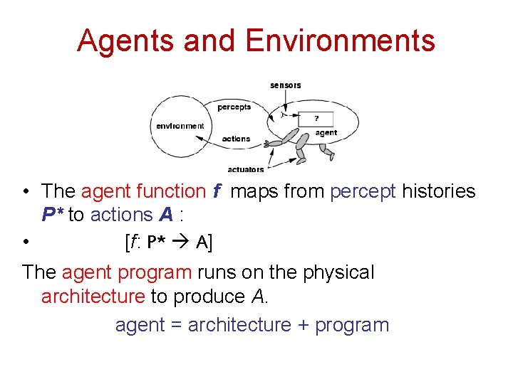 Agents and Environments • The agent function f maps from percept histories P* to