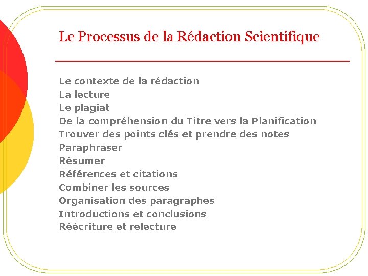 Le Processus de la Rédaction Scientifique Le contexte de la rédaction La lecture Le