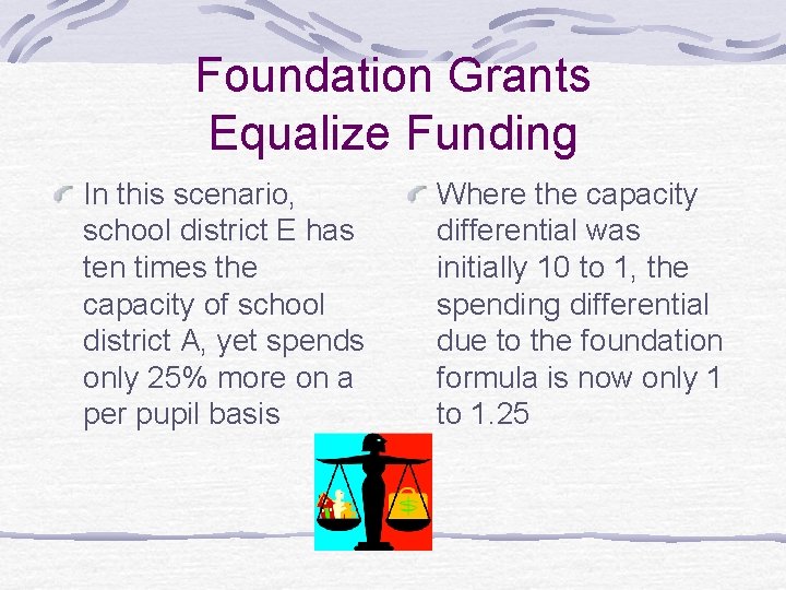 Foundation Grants Equalize Funding In this scenario, school district E has ten times the