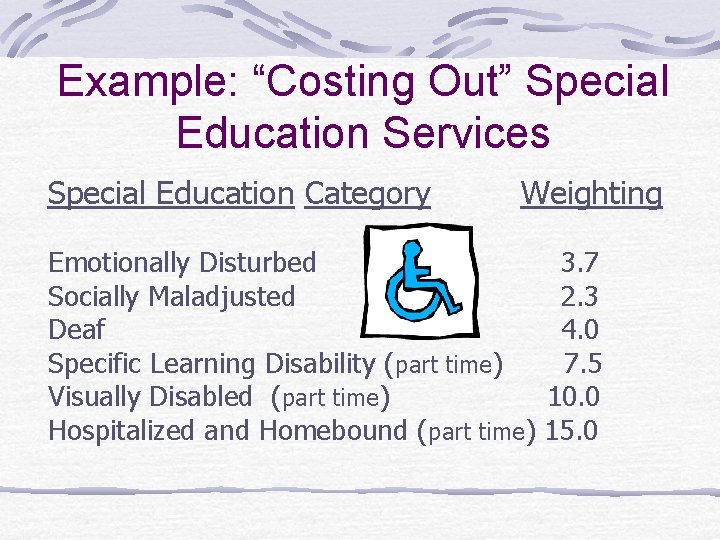 Example: “Costing Out” Special Education Services Special Education Category Weighting Emotionally Disturbed Socially Maladjusted