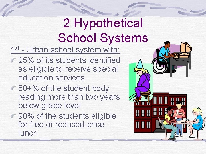 2 Hypothetical School Systems 1 st - Urban school system with: 25% of its