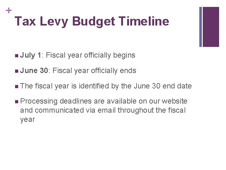 + Tax Levy Budget Timeline n July 1: Fiscal year officially begins n June + Tax Levy Budget Timeline n July 1: Fiscal year officially begins n June