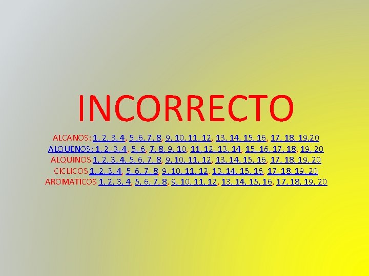 INCORRECTO ALCANOS: 1, 2, 3, 4, 5 , 6, 7, 8, 9, 10, 11, INCORRECTO ALCANOS: 1, 2, 3, 4, 5 , 6, 7, 8, 9, 10, 11,