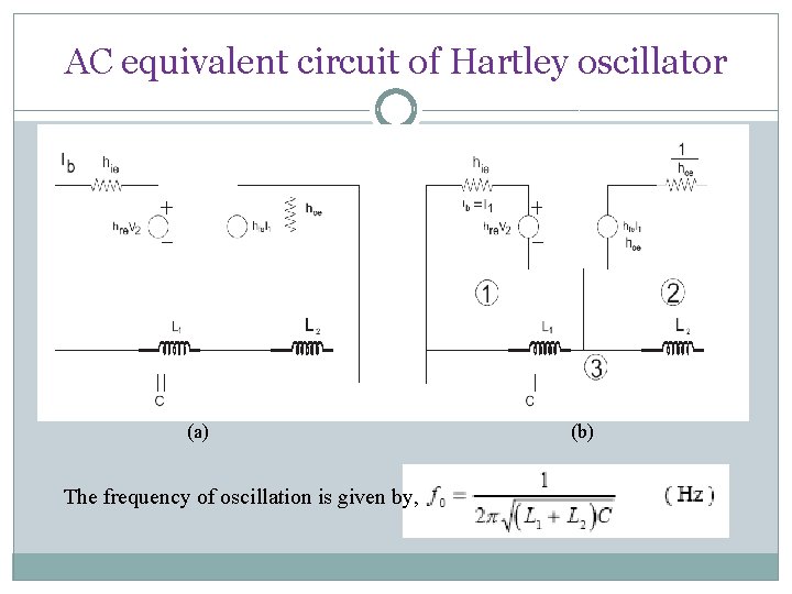 AC equivalent circuit of Hartley oscillator (a) The frequency of oscillation is given by,