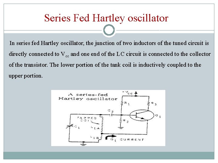 Series Fed Hartley oscillator In series fed Hartley oscillator, the junction of two inductors