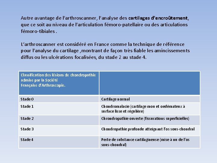 Autre avantage de l’arthroscanner, l’analyse des cartilages d’encroûtement, que ce soit au niveau de Autre avantage de l’arthroscanner, l’analyse des cartilages d’encroûtement, que ce soit au niveau de