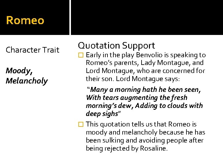 Romeo Character Trait Moody, Melancholy Quotation Support � Early in the play Benvolio is