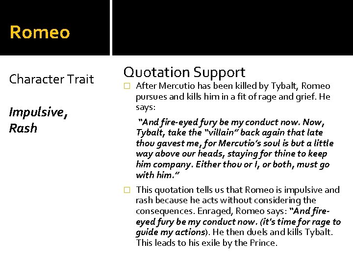 Romeo Character Trait Quotation Support � Impulsive, Rash After Mercutio has been killed by