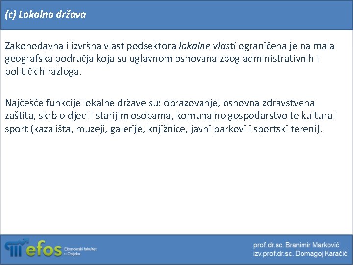 (c) Lokalna država Zakonodavna i izvršna vlast podsektora lokalne vlasti ograničena je na mala