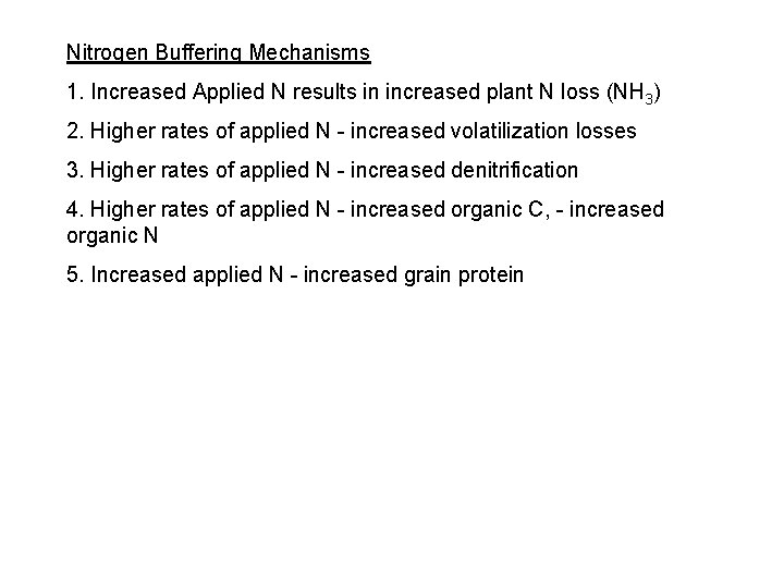 Nitrogen Buffering Mechanisms 1. Increased Applied N results in increased plant N loss (NH