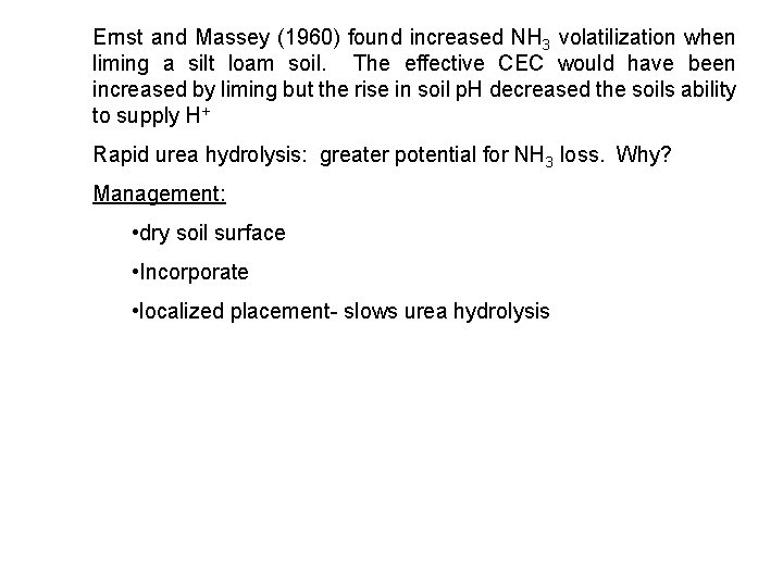 Ernst and Massey (1960) found increased NH 3 volatilization when liming a silt loam