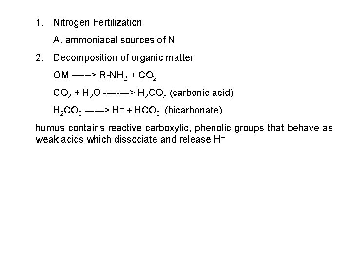 1. Nitrogen Fertilization A. ammoniacal sources of N 2. Decomposition of organic matter OM