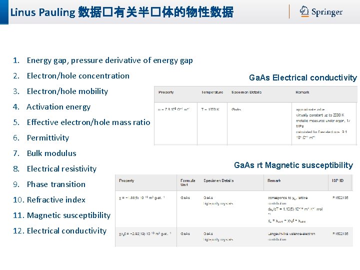 Linus Pauling 数据�有关半�体的物性数据 1. Energy gap, pressure derivative of energy gap 2. Electron/hole concentration