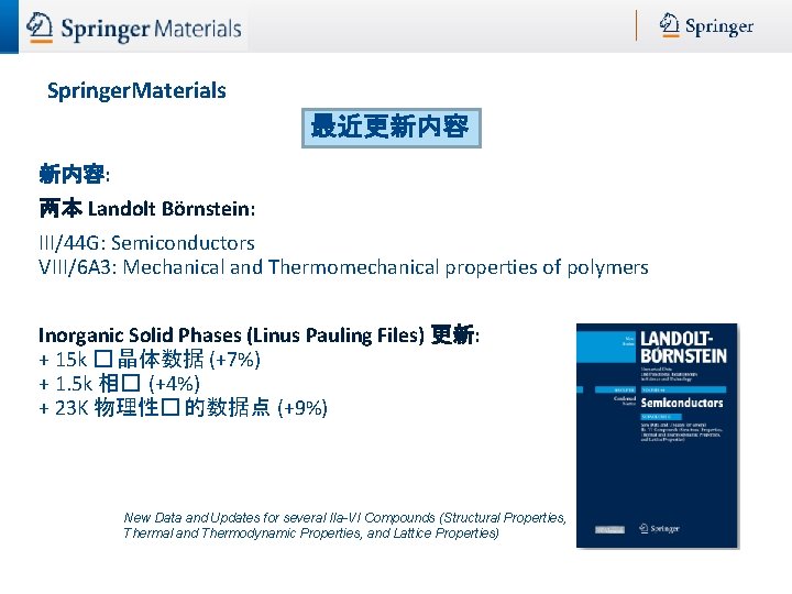 Springer. Materials 最近更新内容 新内容: 两本 Landolt Börnstein: III/44 G: Semiconductors VIII/6 A 3: Mechanical