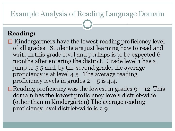 Example Analysis of Reading Language Domain Reading: � Kindergartners have the lowest reading proficiency