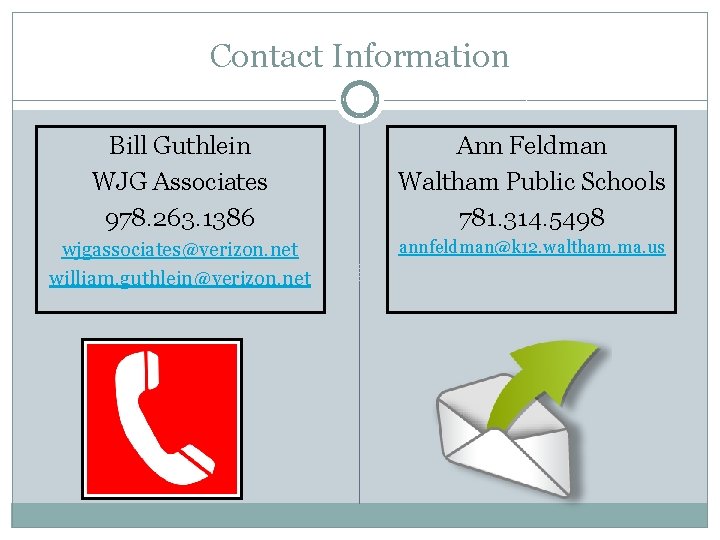 Contact Information Bill Guthlein WJG Associates 978. 263. 1386 Ann Feldman Waltham Public Schools