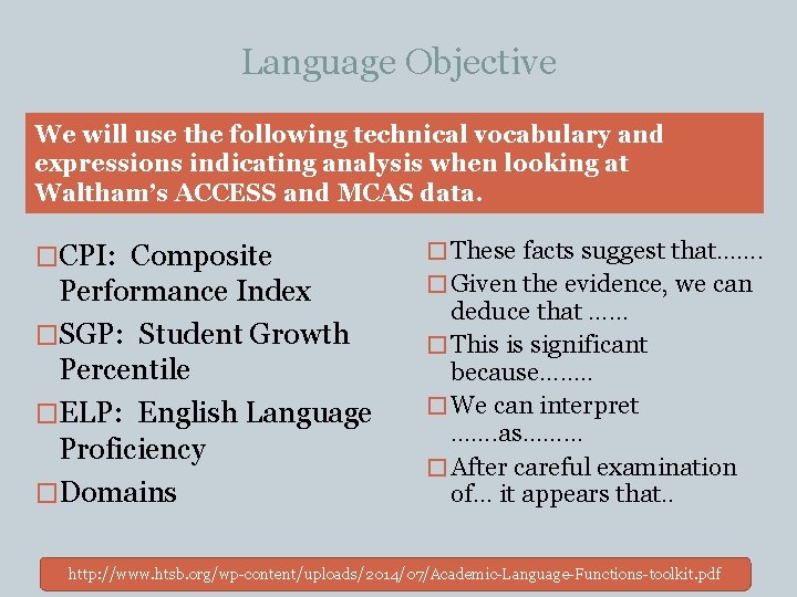 Language Objective We will use the following technical vocabulary and expressions indicating analysis when