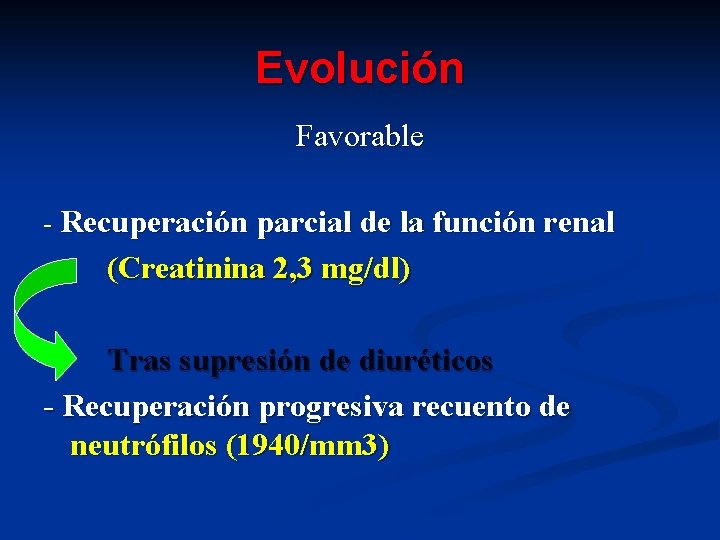 Evolución Favorable - Recuperación parcial de la función renal (Creatinina 2, 3 mg/dl) Tras