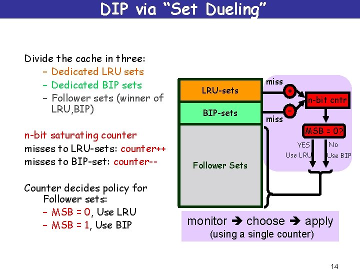 DIP via “Set Dueling” Divide the cache in three: – Dedicated LRU sets –