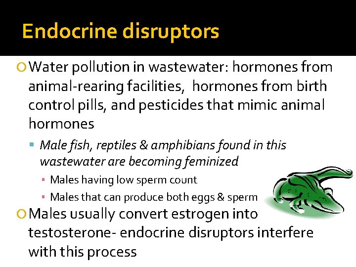 Endocrine disruptors Water pollution in wastewater: hormones from animal-rearing facilities, hormones from birth control