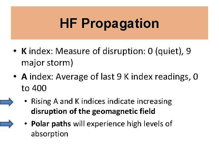 HF Propagation • K index: Measure of disruption: 0 (quiet), 9 major storm) •