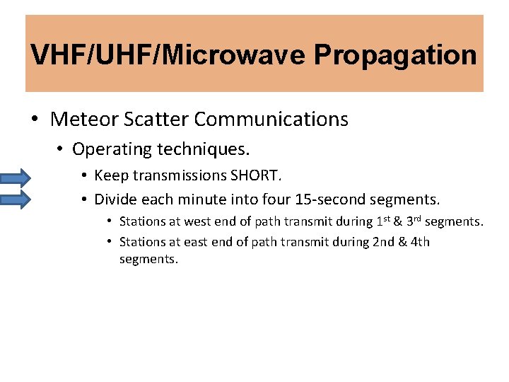 VHF/UHF/Microwave Propagation • Meteor Scatter Communications • Operating techniques. • Keep transmissions SHORT. •