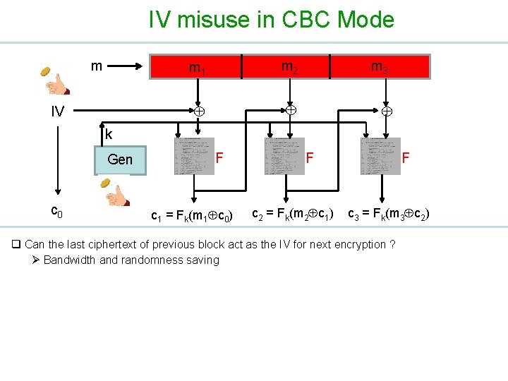 IV misuse in CBC Mode m IV m 1 m 2 m 3 k