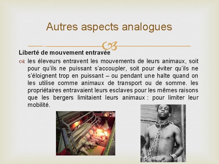 Autres aspects analogues Liberté de mouvement entravée les éleveurs entravent les mouvements de leurs