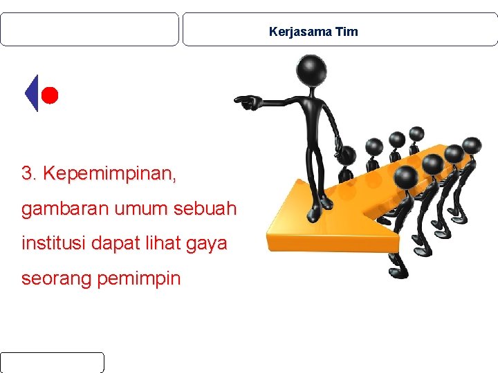 Kerjasama Tim 3. Kepemimpinan, gambaran umum sebuah institusi dapat lihat gaya seorang pemimpin 