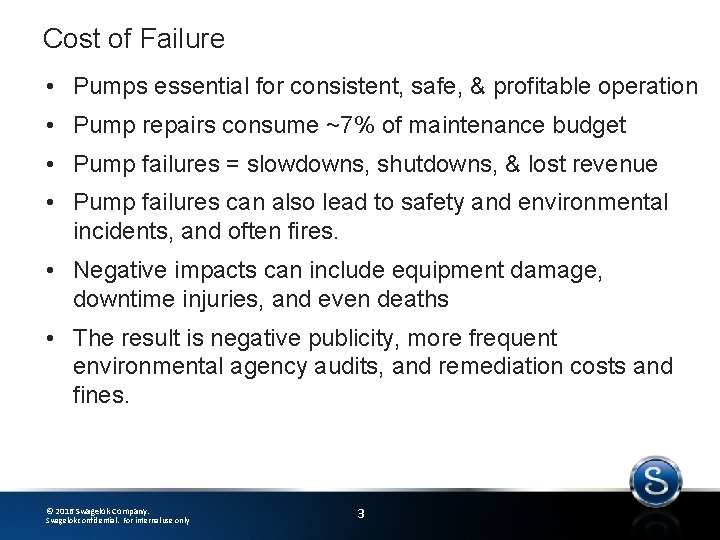 Cost of Failure • Pumps essential for consistent, safe, & profitable operation • Pump