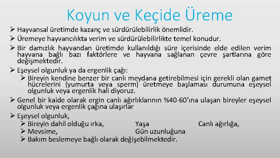 Koyun ve Keçide Üreme Ø Hayvansal üretimde kazanç ve sürdürülebilirlik önemlidir. Ø Üremeye hayvancılıkta