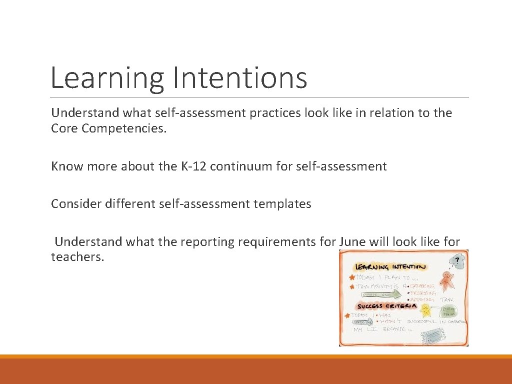 Learning Intentions Understand what self-assessment practices look like in relation to the Core Competencies.