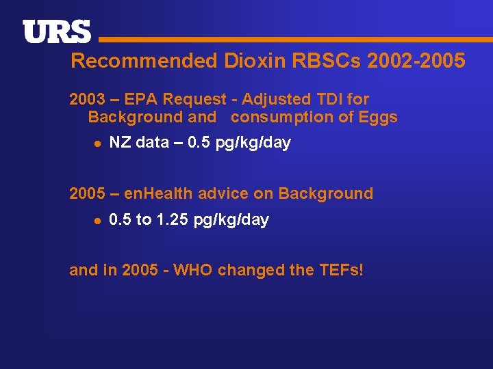 Recommended Dioxin RBSCs 2002 -2005 2003 – EPA Request - Adjusted TDI for Background