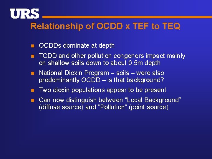 Relationship of OCDD x TEF to TEQ n OCDDs dominate at depth n TCDD