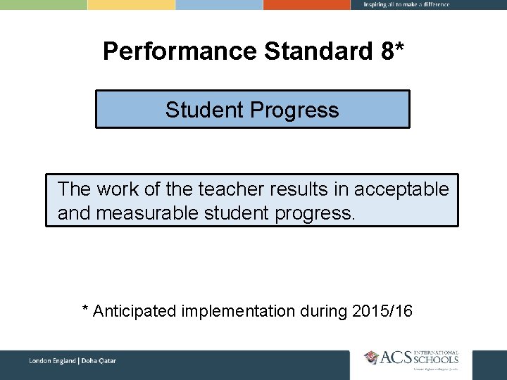 Performance Standard 8* Student Progress The work of the teacher results in acceptable and