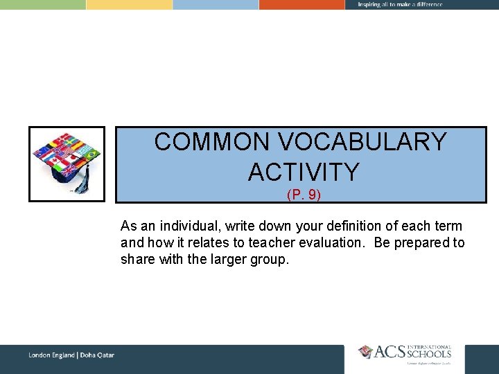 COMMON VOCABULARY ACTIVITY (P. 9) As an individual, write down your definition of each