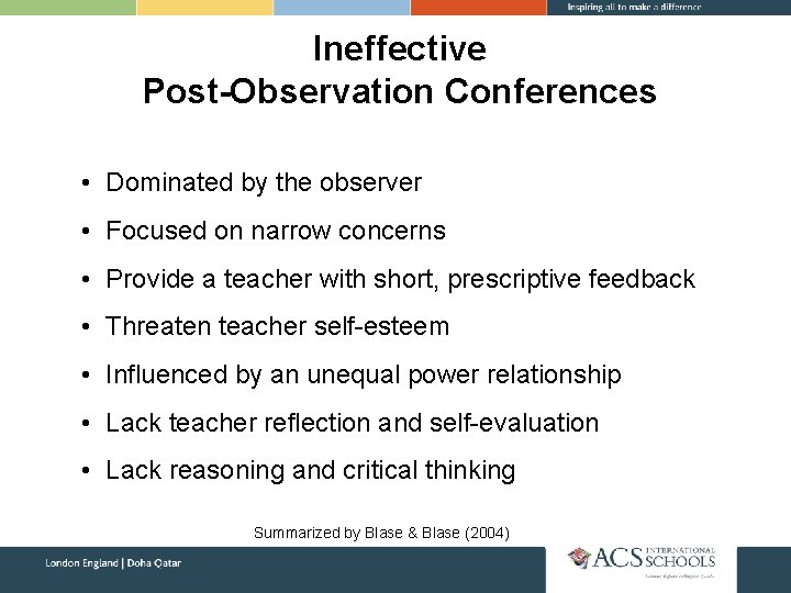 Ineffective Post-Observation Conferences • Dominated by the observer • Focused on narrow concerns •