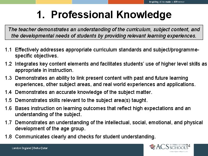 1. Professional Knowledge The teacher demonstrates an understanding of the curriculum, subject content, and