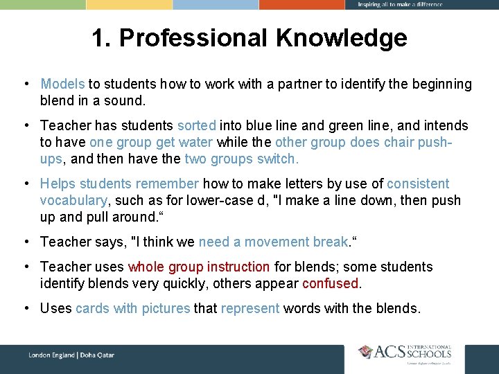 1. Professional Knowledge • Models to students how to work with a partner to