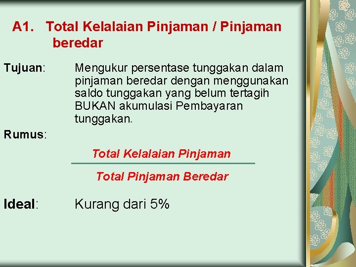 A 1. Total Kelalaian Pinjaman / Pinjaman beredar Tujuan: Mengukur persentase tunggakan dalam pinjaman