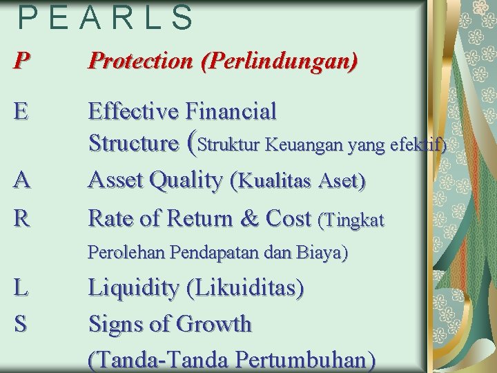 PEARLS P Protection (Perlindungan) E A Effective Financial Structure (Struktur Keuangan yang efektif) Asset