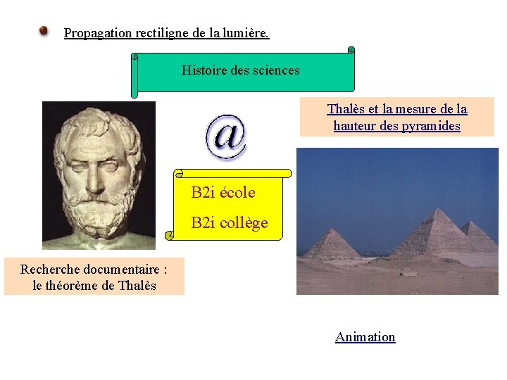 Propagation rectiligne de la lumière. Histoire des sciences Thalès et la mesure de la