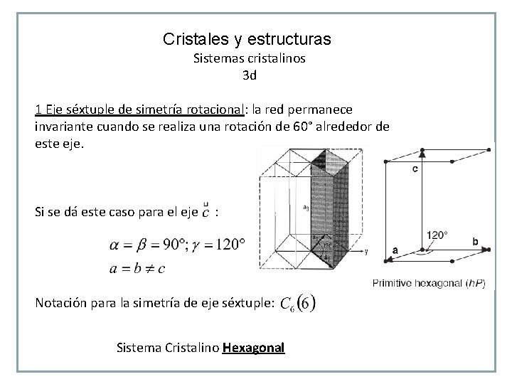 Cristales y estructuras Sistemas cristalinos 3 d 1 Eje séxtuple de simetría rotacional: la Cristales y estructuras Sistemas cristalinos 3 d 1 Eje séxtuple de simetría rotacional: la