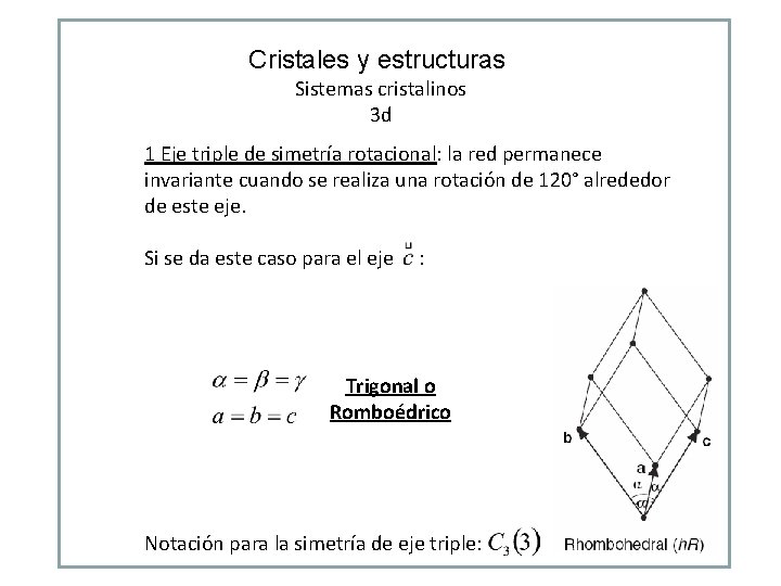 Cristales y estructuras Sistemas cristalinos 3 d 1 Eje triple de simetría rotacional: la Cristales y estructuras Sistemas cristalinos 3 d 1 Eje triple de simetría rotacional: la