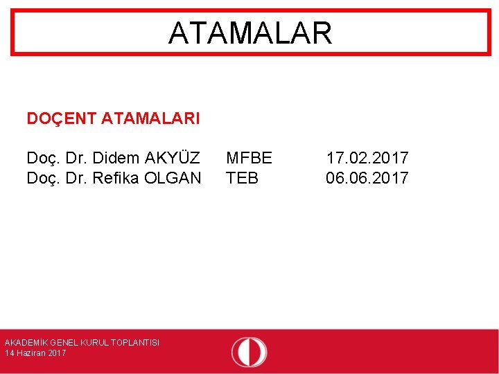 ATAMALAR DOÇENT ATAMALARI Doç. Dr. Didem AKYÜZ Doç. Dr. Refika OLGAN AKADEMİK GENEL KURUL