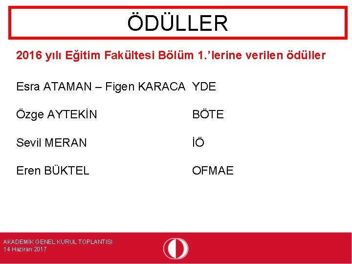 ÖDÜLLER 2016 yılı Eğitim Fakültesi Bölüm 1. ’lerine verilen ödüller Esra ATAMAN – Figen