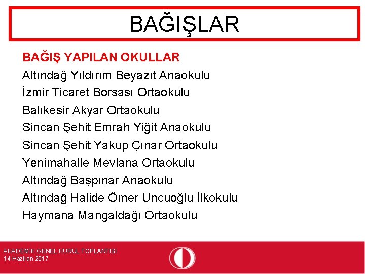 BAĞIŞLAR BAĞIŞ YAPILAN OKULLAR Altındağ Yıldırım Beyazıt Anaokulu İzmir Ticaret Borsası Ortaokulu Balıkesir Akyar