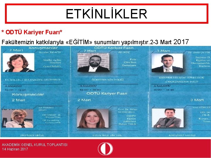 ETKİNLİKLER * ODTÜ Kariyer Fuarı* Fakültemizin katkılarıyla «EĞİTİM» sunumları yapılmıştır. 2 -3 Mart AKADEMİK