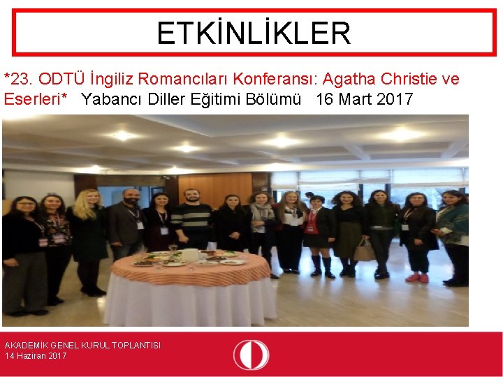 ETKİNLİKLER *23. ODTÜ İngiliz Romancıları Konferansı: Agatha Christie ve Eserleri* Yabancı Diller Eğitimi Bölümü