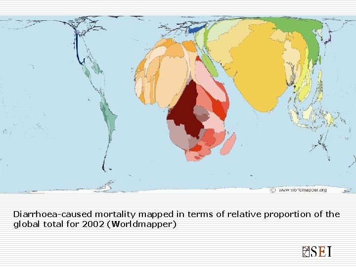 Diarrhoea-caused mortality mapped in terms of relative proportion of the global total for 2002